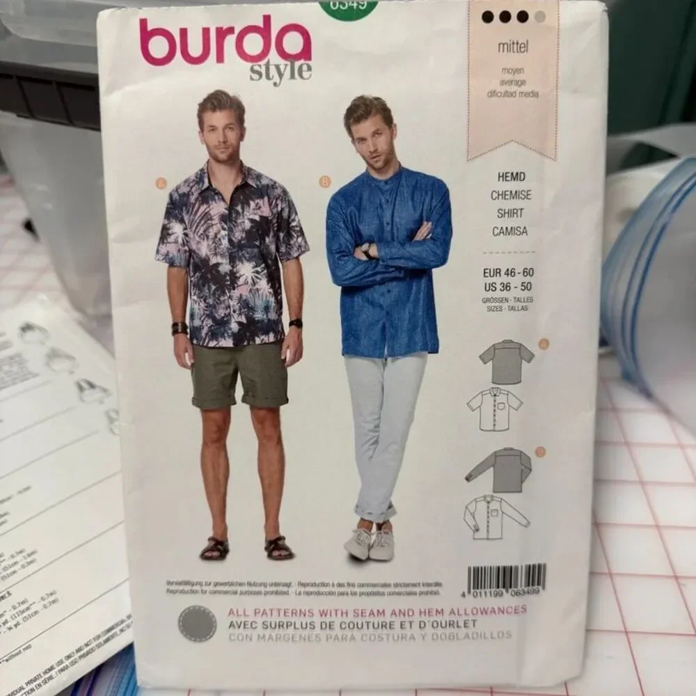 US 36-50 BUR6349 Burda Style Sewing Pattern Men's Shirt with Collar, Uncut